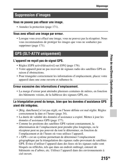 Sony SLT-A77M - SLT-A77M Consignes d&rsquo;utilisation Fran&ccedil;ais