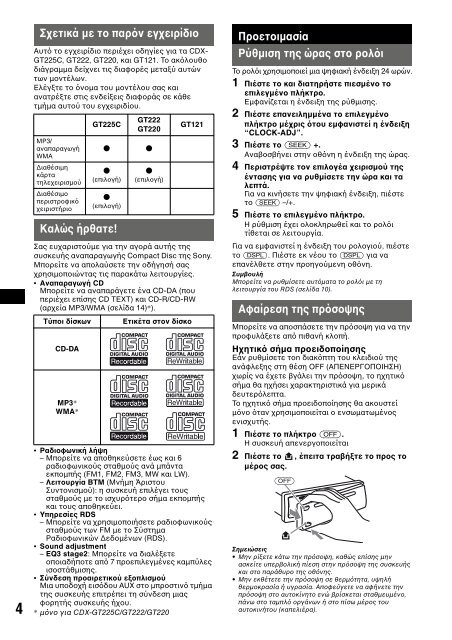 Sony CDX-GT121 - CDX-GT121 Mode d'emploi Grec