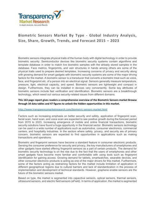 Biometric Sensors Market By Type - Global Industry Analysis, Size, Share, Growth, Trends, and Forecast 2015 - 2023