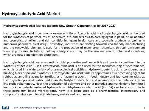 Hydroxyisobutyric Acid Market Explores New Growth Opportunities By 2017-2027