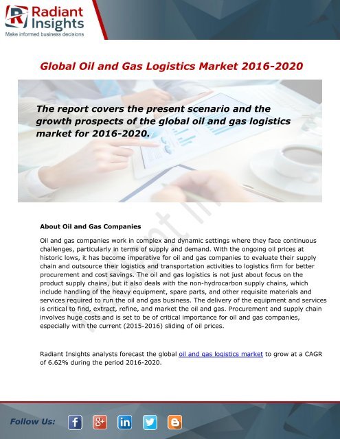 Global Oil and Gas Logistics Market and Forecast Report to 2020:Radiant ...