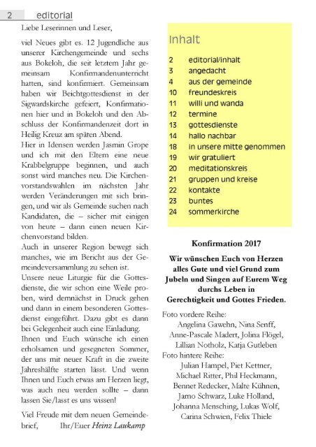 Gemeindebrief Juni bis August 2017