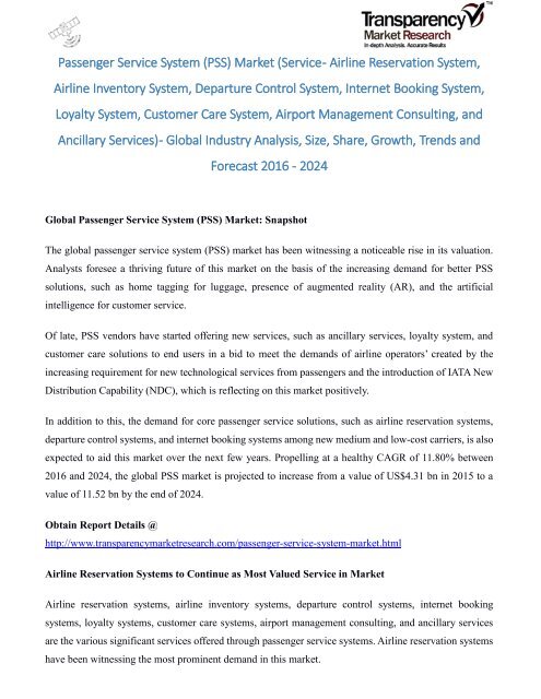 Passenger Service System &amp;#40;PSS&amp;#41; Market - Global Industry Analysis, Size, Share, Growth, Trends and Forecast 2016 - 2024