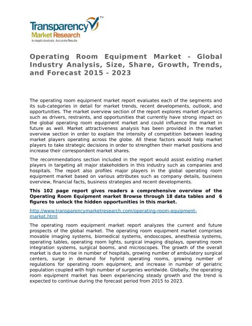 Operating Room Equipment Market - Global Industry Analysis, Size, Share, Growth, Trends, and Forecast 2015 - 2023