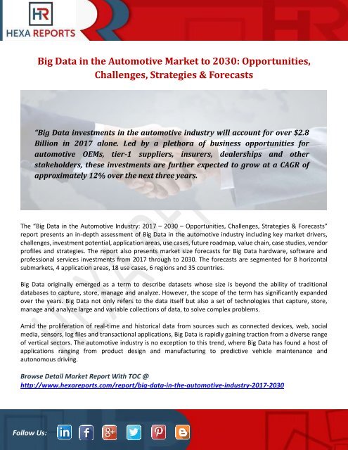 Big Data in the Automotive Market to 2030 Opportunities, Challenges, Strategies &amp; Forecasts