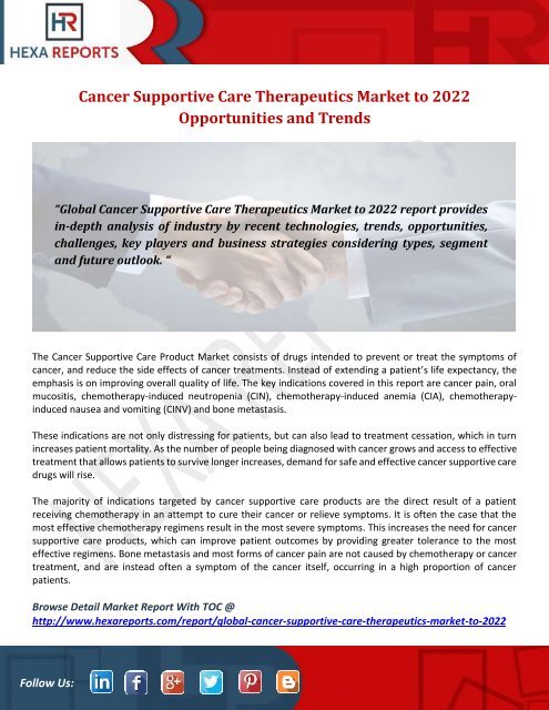 Cancer Supportive Care Therapeutics Market to 2022 Opportunities and Trends