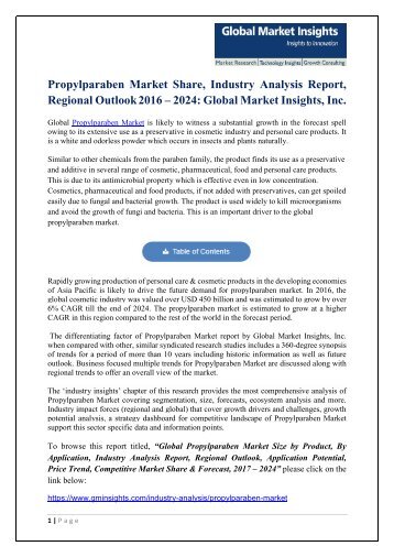 Global Propylparaben Market Analysis Report, Strategic outlook 2017-2024