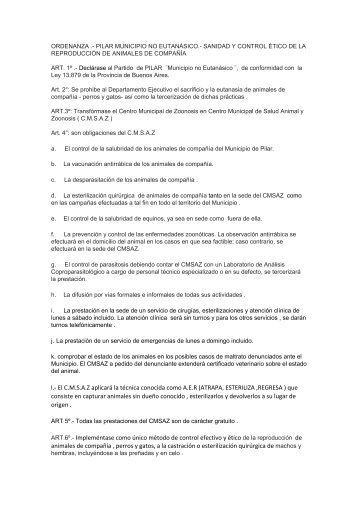 ORDENANZA .- PILAR MUNICIPIO NO EUTANÁSICO.- SANIDAD Y CONTROL ETICO DE LA REPRODUCCIÓN DE ANIMALES DE COMPAÑÍA (1) (1)