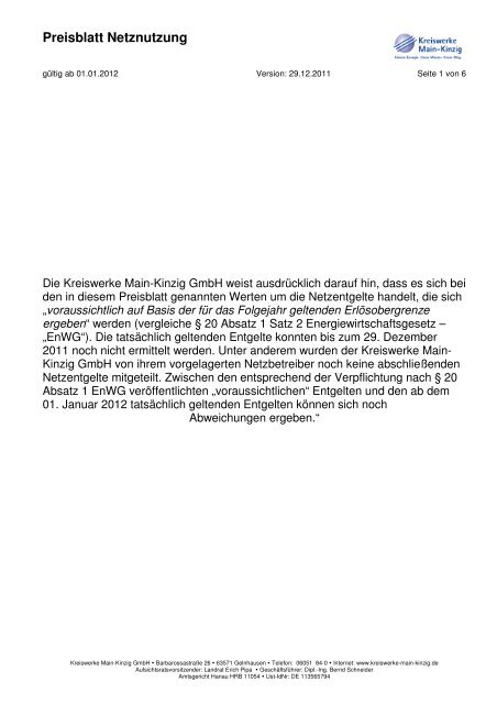 Preisblatt Netznutzung - Kreiswerke Main-Kinzig