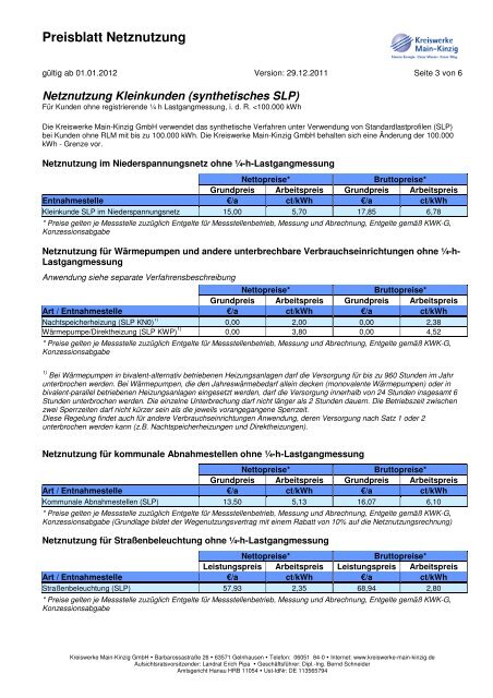 Preisblatt Netznutzung - Kreiswerke Main-Kinzig