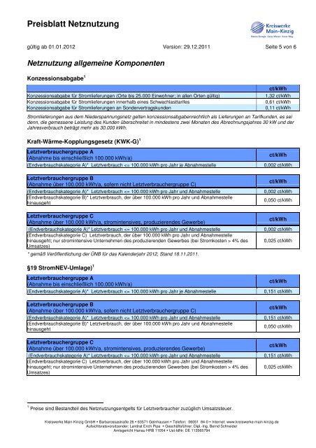 Preisblatt Netznutzung - Kreiswerke Main-Kinzig