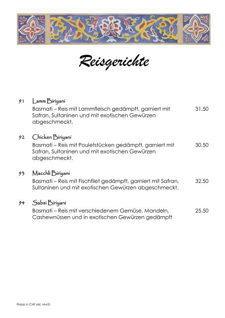 Restaurant Kaschmir Speisekarte
