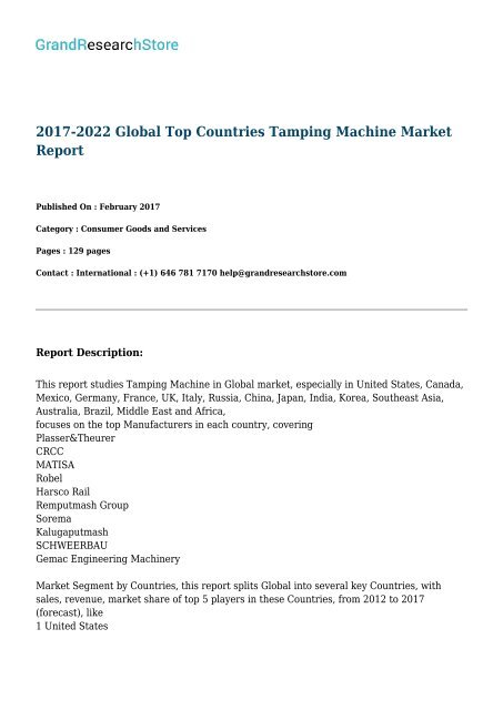 2017-2022 Global Top Countries Tamping Machine Market Report