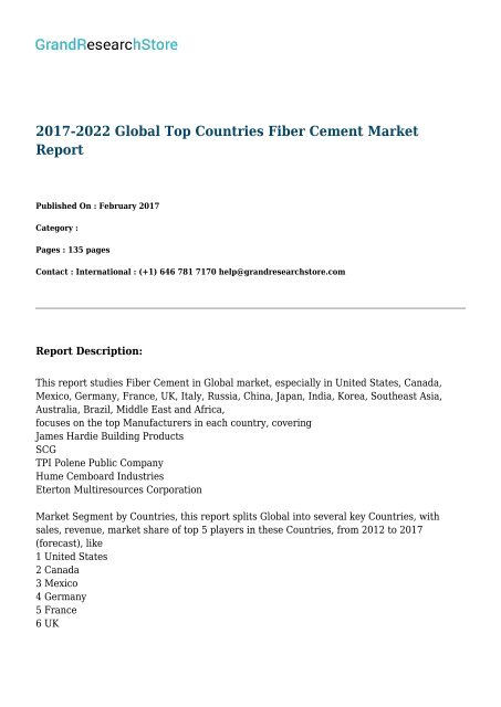 2017-2022 Global Top Countries Fiber Cement Market Report