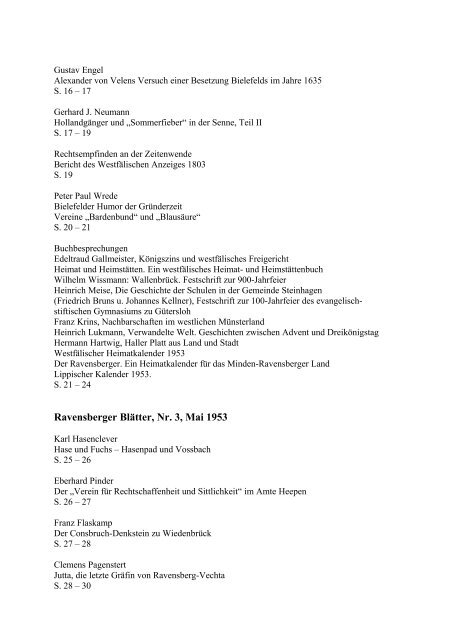 Vorläufiges Inhaltsverzeichnis der Ravensberger Blätter