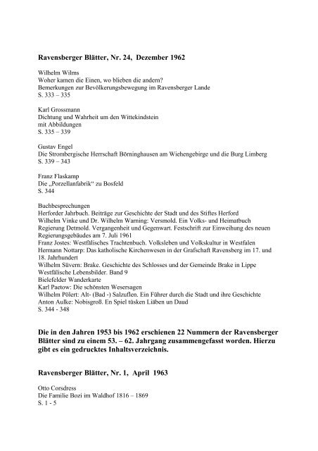 Vorläufiges Inhaltsverzeichnis der Ravensberger Blätter