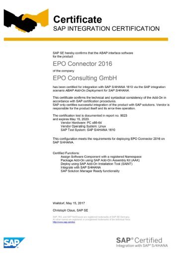 Zertifizierungsurkunde: EPO Connector für die Integration mit SAP S/4HANA