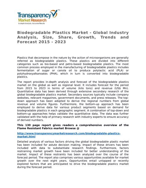 Biodegradable Plastics Market - Global Industry Analysis, Size, Share, Growth, Trends and Forecast 2015 - 2023