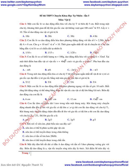 Đề thi thử THPTQG 2017 Vật Lý Chuyên Khoa Học Tự nhiên Lần 5 Chuyên Lê Thánh Tông Sở GD&ĐT Quảng Bình THPT Phú Riềng Lần 1 có lời giải