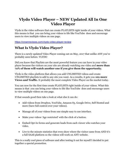 Vlydo Video Player review demo and premium bonus