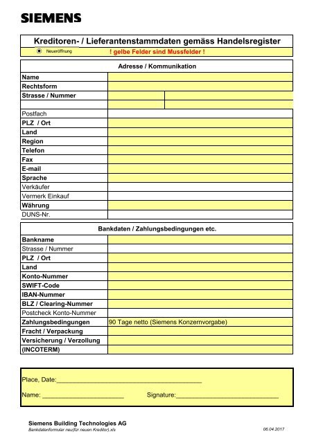 Bankdatenformular neu(für neuen Kreditor)