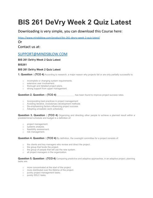 BIS 261 DeVry Week 2 Quiz Latest