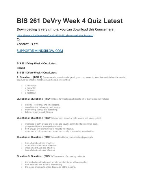 BIS 261 DeVry Week 4 Quiz Latest