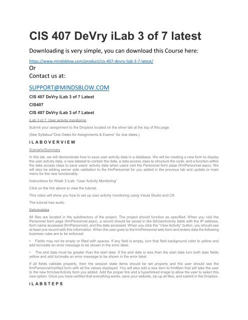 CIS 407 DeVry iLab 3 of 7 latest