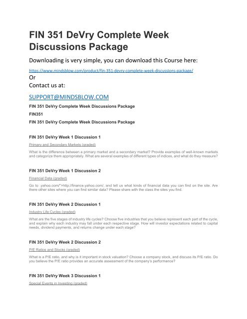 FIN 351 DeVry Complete Week Discussions Package