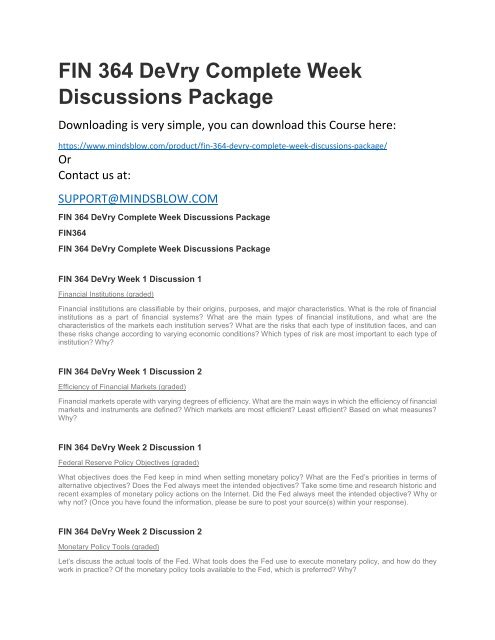 FIN 364 DeVry Complete Week Discussions Package