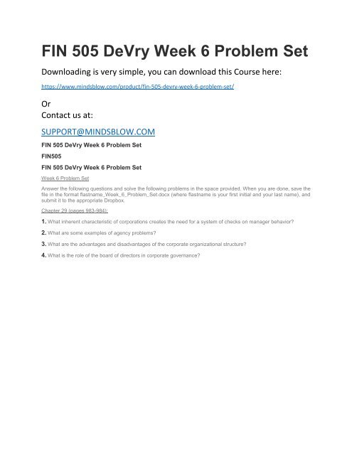 FIN 505 DeVry Week 6 Problem Set