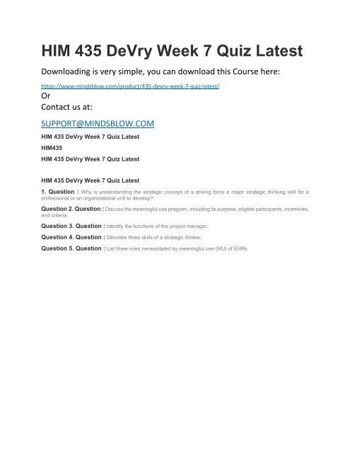 HIM 435 DeVry Week 7 Quiz Latest