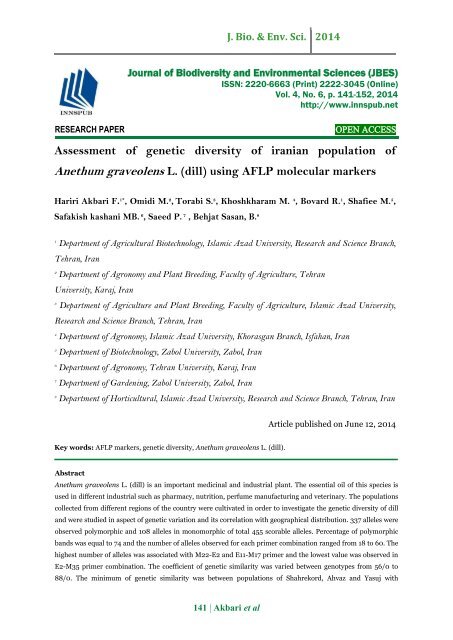 Assessment of genetic diversity of iranian population of Anethum graveolens L. (dill) using AFLP molecular markers