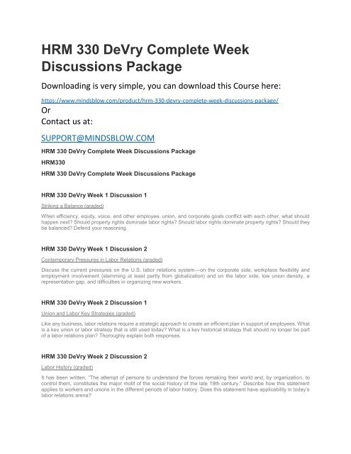 HRM 330 DeVry Complete Week Discussions Package