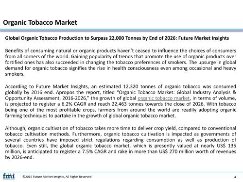 Organic Tobacco Market Will hit at a CAGR 6.2% during 2016– 2026