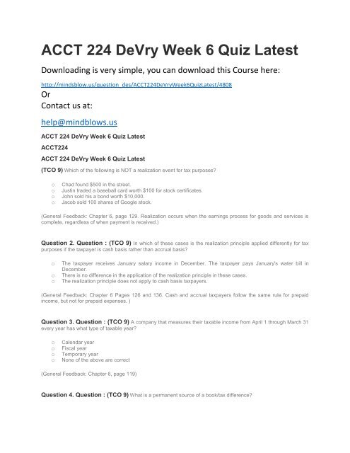 ACCT 224 DeVry Week 6 Quiz Latest