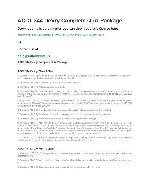 ACCT 344 DeVry Complete Quiz Package