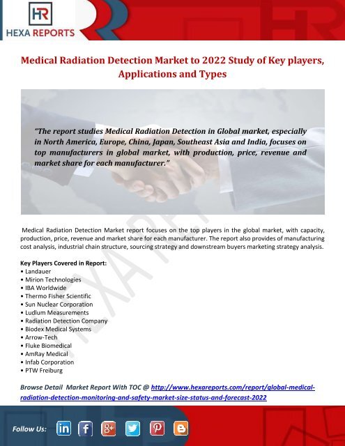 Medical Radiation Detection Market to 2022 Study of Key players, Applications and Types