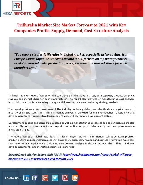 Trifluralin Market Size Market Forecast to 2021 with Key Companies Profile, Supply, Demand, Cost Structure Analysis