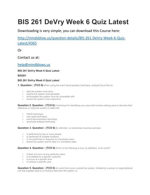 BIS 261 DeVry Week 6 Quiz Latest