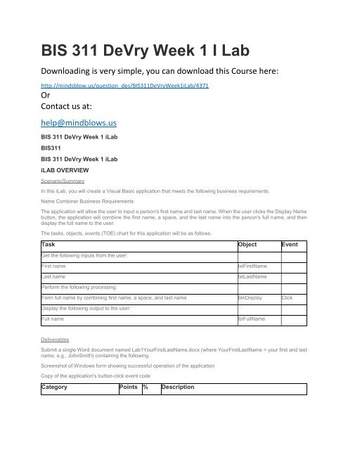 BIS 311 DeVry Week 1 iLab