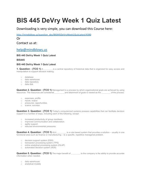 BIS 445 DeVry Week 1 Quiz Latest