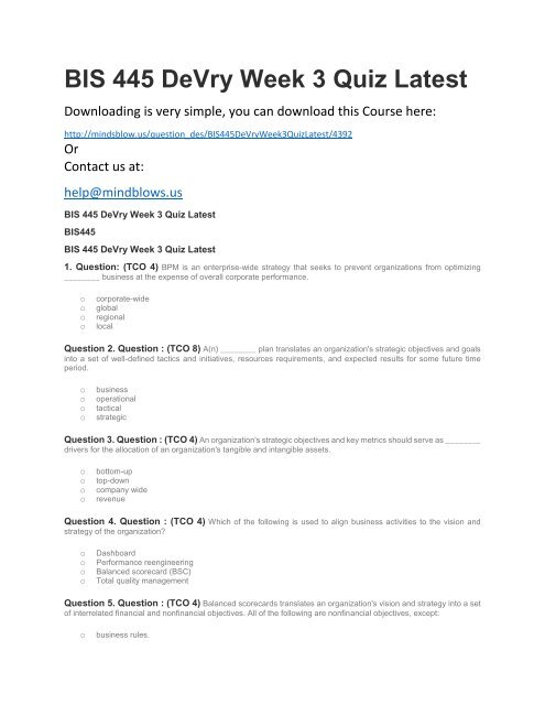 BIS 445 DeVry Week 3 Quiz Latest