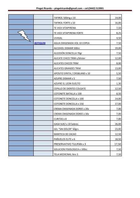 lista de precios completa