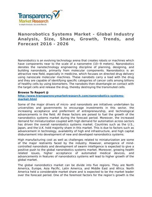 Nanorobotics Systems Market - Global Industry Analysis, Size, Share, Growth, Trends, and Forecast 2016 - 2026