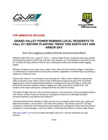 FOR IMMEDIATE RELEASE_811 and GVP Earth Day Arbor Day Release