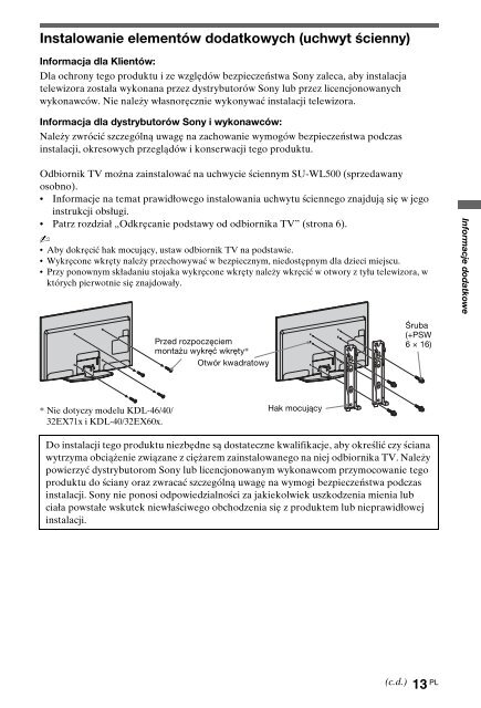 Sony KDL-60EX700 - KDL-60EX700 Consignes d&rsquo;utilisation Polonais