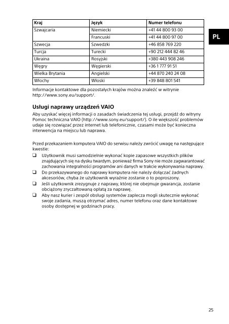 Sony VPCEH1J1E - VPCEH1J1E Documenti garanzia Russo