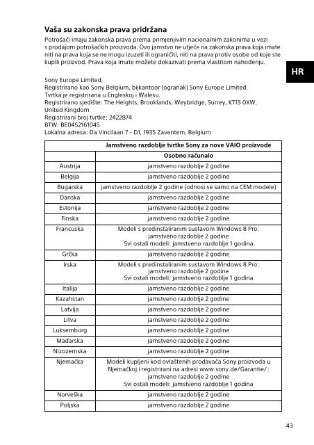 Sony SVF1521D2E - SVF1521D2E Documenti garanzia Serbo