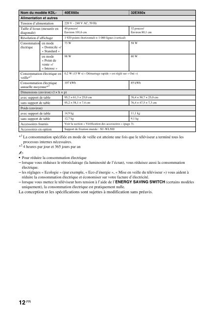 Sony KDL-60EX700 - KDL-60EX700 Mode d'emploi Fran&ccedil;ais